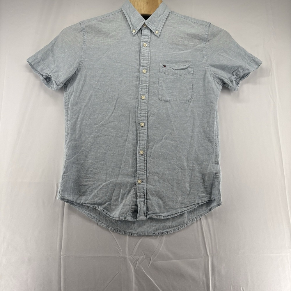 Tommy Hilfiger Mens Medium Linen Blend Light Blue Shirt Short Sleeve Button Down